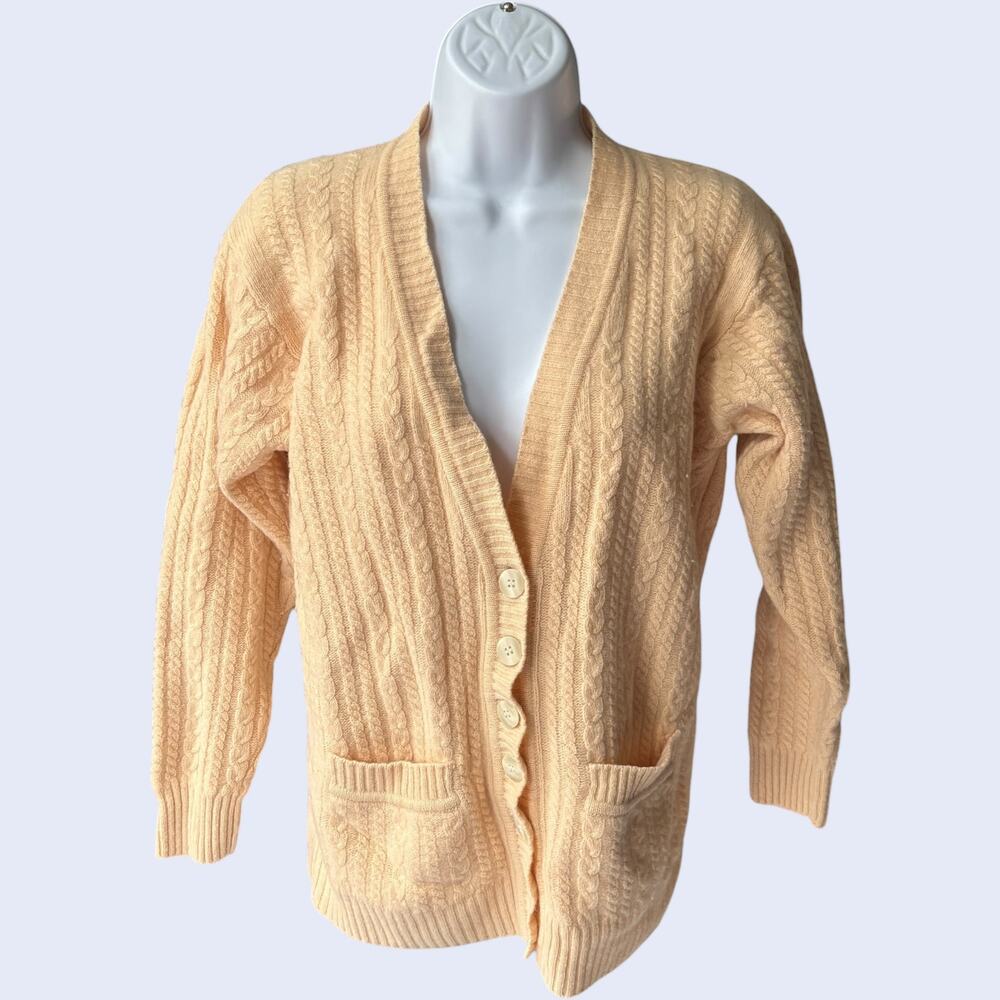 EVAN PICONE M Vintage Cardigan Beige Lambswool Angora Cable Knit 80s Preppy
